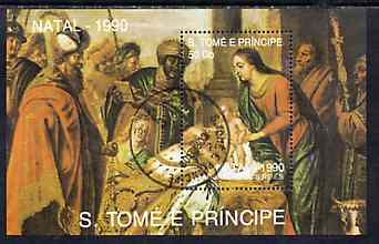 St Thomas & Prince Islands 1990 Christmas 50Db m/sheet (Painting of Adoration) very fine cto used Mi BL 241, stamps on christmas    arts    