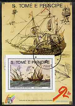 St Thomas & Prince Islands 1989 Ships 20 Db m/sheet #4 (18th Cent Merchantman) very fine cto used Mi BL 206, stamps on ships