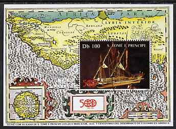St Thomas & Prince Islands 1992 500th Anniversary of Discovery of America m/sheet (Model Boat & Map) very fine cto used , stamps on americana      ships       columbus