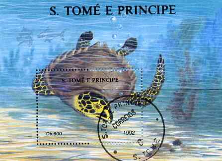 St Thomas & Prince Islands 1992 Sea Life 800Db m/sheet (Turtle) very fine cto used , stamps on turtles      reptiles