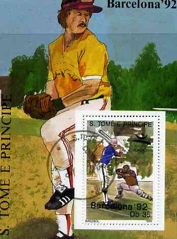 St Thomas & Prince Islands 1989 Barcelona 92 35Db m/sheet (Baseball) very fine cto used Mi BL 200, stamps on olympics     baseball