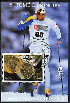 St Thomas & Prince Islands 1992 Albertville Winter Olympics '92 Skiing 50Db m/sheet #2 (Torgny Mogren) very fine cto used , stamps on olympics     skiing