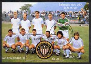 St Thomas & Prince Islands 1990 Football World Cup 50Db perf m/sheet (USA Team & Emblem) very fine cto used, stamps on football, stamps on sport