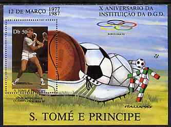 St Thomas & Prince Islands 1988 10th Anniversary of DGD 50Db m/sheet (Tennis) very fine cto used, stamps on sport    tennis