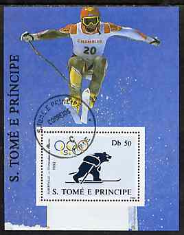 St Thomas & Prince Islands 1992 Albertville Winter Olympics '92 Skiing 50Db m/sheet #5 (Bear on Skis) very fine cto used , stamps on olympics     skiing    bears