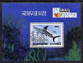North Korea 1993 Fish m/sheet (1.2wn shark) with NAPOSTA 93 imprint, SG MS N3252 fine cto used, stamps on fish      marine-life      stamp exhibitions    sharks