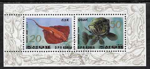 North Korea 1993 Fish sheetlet containing 20ch & 50ch values very fine cto used, stamps on fish, stamps on marine life, stamps on , stamps on coelacanth