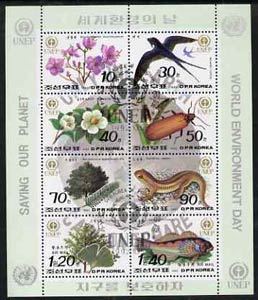North Korea 1992 World Environment Day sheetlet containing complete set of 8 values very fine cto used, see after SG N3207, stamps on environment, stamps on birds, stamps on swallow, stamps on flowers, stamps on beetles, stamps on insects, stamps on trees, stamps on fish, stamps on scots, stamps on scotland