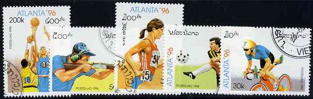 Laos 1996 Atlanta Olympic Games (2nd issue) perf set of 5 fine cto used, SG 1484-88*, stamps on olympics, stamps on football, stamps on running, stamps on rifle, stamps on basketball, stamps on bicycles, stamps on sport