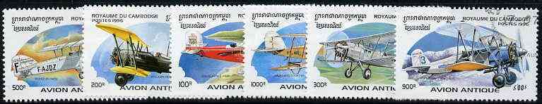Cambodia 1996 Old Aircraft (Biplanes) perf set of 6 very fine cto used SG 1545-50*, stamps on aviation, stamps on stearman, stamps on de haviland, stamps on dh, stamps on boeing, stamps on pitcairn, stamps on douglas, stamps on potez