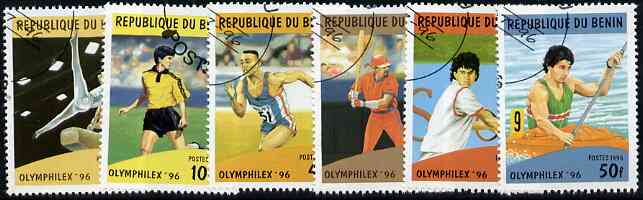 Benin 1996 Olymphilex 96 Stamp Exhibition perf set of 6 very fine cto used, SG 1400-1405, stamps on olympics, stamps on stamp exhibitions, stamps on tennis, stamps on rowing, stamps on running, stamps on baseball, stamps on gymnastics, stamps on football, stamps on  gym , stamps on gymnastics, stamps on , stamps on sport