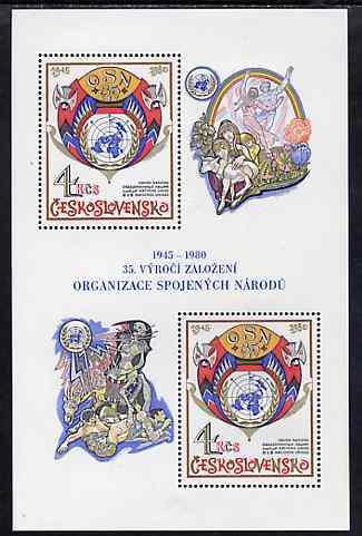 Czechoslovakia 1980 35th Anniversary of United Nations unmounted mint m/sheet, SG MS 2532, Mi BL 41, stamps on united-nations      rainbow