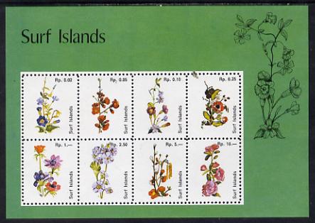 Surf Island Flowers perf sheetlet containing complete set of 8 (green border) unmounted mint, stamps on flowers