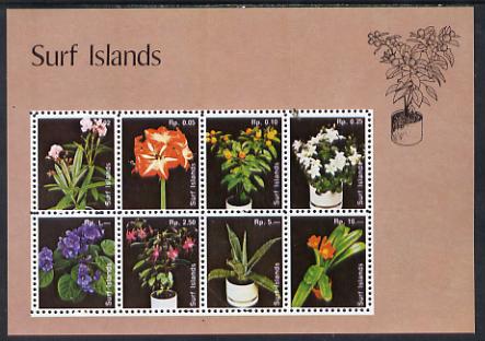 Surf Island Flowers perf sheetlet containing complete set of 8 (lilac border) unmounted mint, stamps on flowers, stamps on fuchsias, stamps on violas