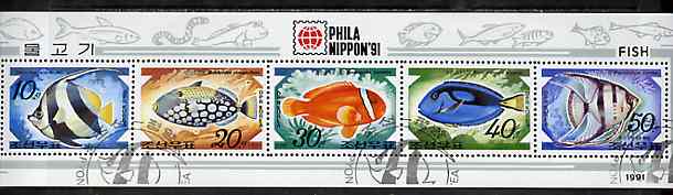 North Korea 1991 Fishes sheetlet containing complete set of 5 (with Phila Nippon 91 imprint) very fine cto used, see after SG N3093, stamps on , stamps on  stamps on stamp exhibitions, stamps on  stamps on fish