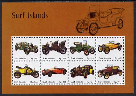 Surf Island Vintage Cars perf sheetlet containing complete set of 8 (tan border) unmounted mint, stamps on cars