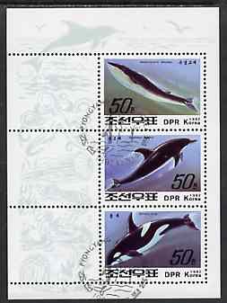 North Korea 1992 Whales & Dolphins sheetlet #1 containing 3 values fine cto used, SG N3208-10, stamps on whales      dolphins