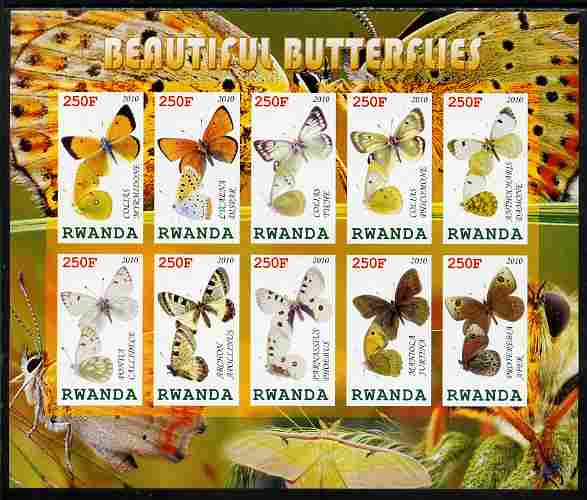 Rwanda 2010 Beautiful Butterflies imperf sheetlet containing 10 values unmounted mint, stamps on , stamps on  stamps on butterflies