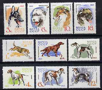 Russia 1965 Hunting & Service Dogs set of 10 unmounted mint, SG 3093-3104, Mi 3020-29*, stamps on dogs, stamps on hound, stamps on setter, stamps on  gsd , stamps on fox terrier, stamps on pointer, stamps on borzoi, stamps on husky, stamps on sheepdog, stamps on collie