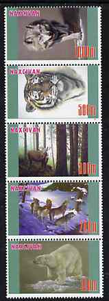 Naxcivan Republic 1997 Wild Animals unmounted mint perf strip of 5 values complete, stamps on animals    dogs    wolf    cats    tigers    deer    bears