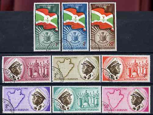 Burundi 1962 Independence set of 9 fine cto used, SG 26-34*, stamps on , stamps on  stamps on music, stamps on  stamps on maps, stamps on  stamps on arms, stamps on  stamps on heraldry