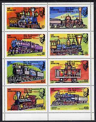 Iso - Sweden 1976 Locomotives (USA Bicentenary) perf  set of 8 values (20 to 400)  optd First Man on the Moon in red unmounted mint, stamps on railways    americana     space, stamps on  iso , stamps on 