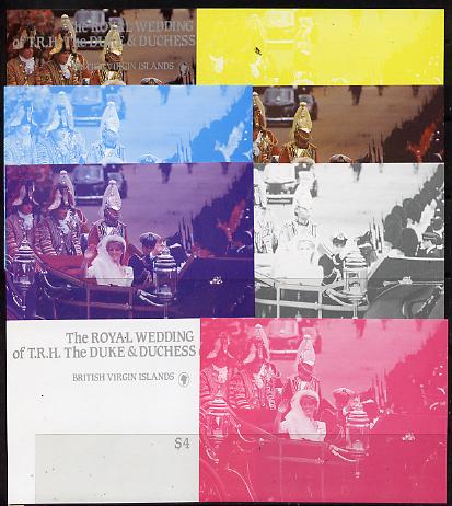 British Virgin Islands 1986 Royal Wedding $4 m/sheet set of 8 imperf progressive colour proofs comprising the 5 individual colours plus 3 composites (as SG MS 609) slight..., stamps on royalty       andrew & fergie