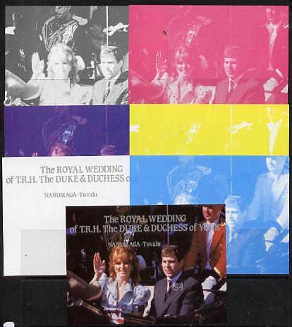 Tuvalu - Nanumaga 1986 Royal Wedding (Andrew & Fergie) $4 m/sheet set of 7 imperf progressive colour proofs comprising the 5 individual colours plus 2 composites unmounte..., stamps on royalty, stamps on andrew, stamps on fergie, stamps on 