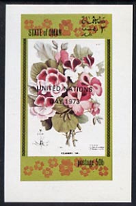 Oman 1973 United Nations optd on 1972 Flowers (50b Pelangonii) imperf souvenir sheet, unmounted mint, stamps on flowers, stamps on united nations