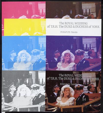 Tuvalu - Funafuti 1986 Royal Wedding (Andrew & Fergie) $4 m/sheet set of 8 imperf progressive colour proofs comprising the 5 individual colours plus 3 composites unmounte..., stamps on royalty, stamps on andrew, stamps on fergie, stamps on 