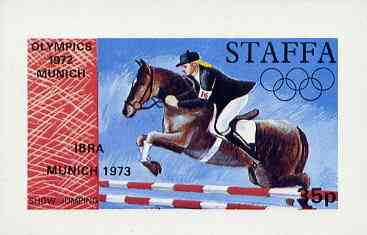 Staffa 1973 Munich Olympics (Showjumping) imperf souvenir sheet (35p value) optd IBRA Munich 1973 unmounted mint, stamps on olympics     horses, stamps on stamp exhibitions