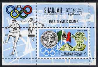 Sharjah 1968 Olympics (Medal, Mexican Art & Flag) perf m/sheet unmounted mint (Mi BL 41A), stamps on olympics    sport      artefacts      flags