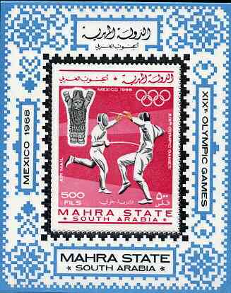 Aden - Mahra 1967 Mexico Olympics perf m/sheet (Fencing) unmounted mint Mi BL 2A, stamps on olympics, stamps on fencing
