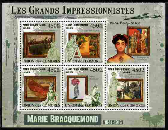 Comoro Islands 2009 The Impressionists - Marie Bracquemond perf sheetlet containing 5 values unmounted mint, stamps on arts