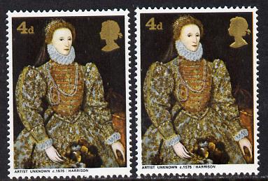 Great Britain 1968 British Paintings 4d (Elizabeth I) with embossing omitted plus normal both unmounted mint (SG 771Ec), stamps on , stamps on  stamps on arts  royalty  varieties    drake