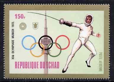 Chad 1972 Fencing 150f from Munich Olympic Games (Gold Frames with Olympic Rings as central design) set unmounted mint*, stamps on fencing