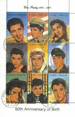 St Thomas & Prince Islands 1995 60th Birth Anniversary of Elvis Presley sheetlet containing complete set of 9 values very fine cto used, stamps on entertainments, stamps on films, stamps on elvis, stamps on music, stamps on cinema, stamps on movies