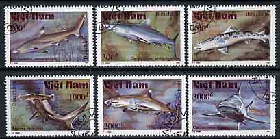 Vietnam 1991 Sharks set of 6 values (1 x 3000D value) very fine cto used, Mi 2309-13 & 2315*, stamps on marine life, stamps on fish, stamps on sharks