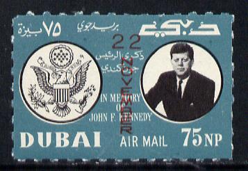 Dubai 1964 First Death Anniversary of Kennedy (opt'd 22 November) as SG 133 but rouletted, unmounted mint, stamps on , stamps on  stamps on kennedy  personalities    death