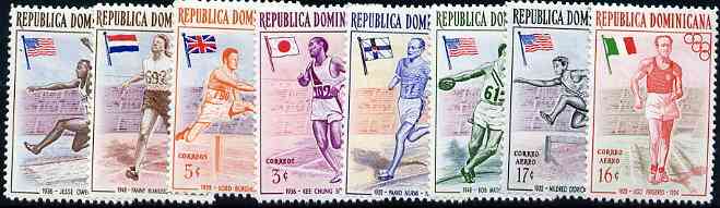 Dominican Republic 1957 Melbourne Olympic Games (1st Issue) Famous Athletes unmounted mint complete set of 8, SG 667-75*, stamps on olympics, stamps on sport, stamps on athletics, stamps on flags, stamps on long jump, stamps on hurdles, stamps on running, stamps on discus