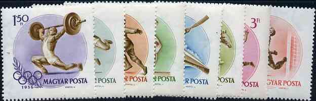 Hungary 1956 Rome Olympic Games unmounted mint set of 8, SG 1460-67, Mi 1472-79, stamps on olympics, stamps on sportcanoeing, stamps on hurdles, stamps on fencing, stamps on football, stamps on weightlifting, stamps on gymnastics, stamps on basketball, stamps on horses, stamps on show jumping, stamps on  gym , stamps on gymnastics, stamps on 