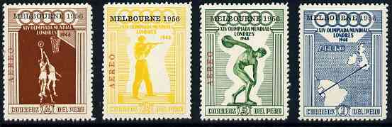 Peru 1956 Melbourne Olympic Games unmounted mint set of 4 (on sale for 1 day only, see note after SG 717), stamps on olympics     sport      discus      basketball     shooting     maps