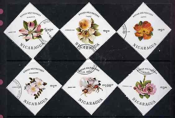 Nicaragua 1986 Wild Roses complete diamond shaped set of 6 very fine cto used, SG 2718-23*, stamps on flowers, stamps on roses, stamps on diamond