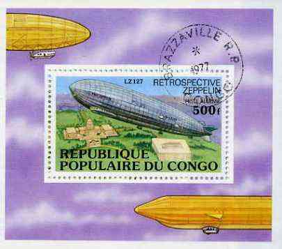 Congo 1977 History of the Zeppelin m/s very fine cto used, SG MS 572, stamps on aviation, stamps on airships, stamps on zeppelins