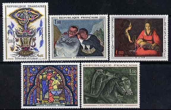 France 1966 French Art - set of 5 unmounted mint SG 1710-14, stamps on arts, stamps on tapestry, stamps on textiles, stamps on moon, stamps on bull, stamps on bovine, stamps on stained glass, stamps on cartoons, stamps on alcohol, stamps on horses, stamps on births, stamps on children