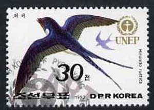 North Korea 1992 Swallow 30ch from World Environment Day set of 8 fine cto used, SG N3201*, stamps on birds    swallow