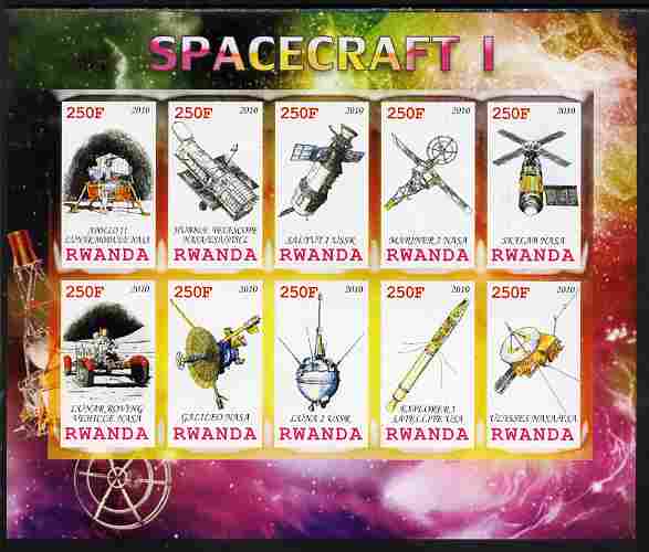 Rwanda 2010 Spacecraft #01 imperf sheetlet containing 10 values unmounted mint, stamps on , stamps on  stamps on space, stamps on  stamps on rockets
