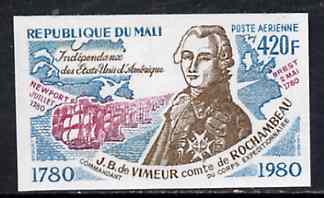 Mali 1980 Rochambeau & French Fleet 420f IMPERF from Bicentenary of American Revolution set unmounted mint, SG 782var, stamps on ships    americana     revolutions