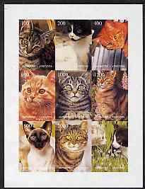 Kyrgyzstan 1998 Domestic Cats imperf sheetlet containing complete set of 9 values, stamps on , stamps on  stamps on cats