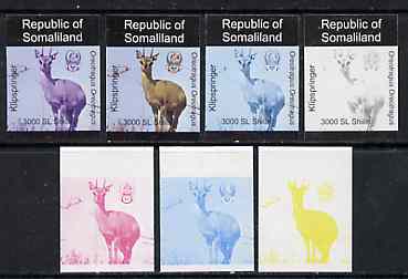 Somaliland 1997 Klipspringer 3,000 SL (from Animal def set) set of 7 imperf progressive proofs comprising the 4 individual colours plus 2, 3 and all 4-colour composites unmounted mint, stamps on animals     klipspringer     